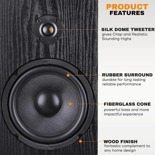 Alt view image 6 of 6 - Usa Wood Bookshelf Speaker - 200W Peak - 6.5 in Woofer -.75mm Dome Tweeter - Wall-Mountable Passive Home Theater Satellite - Audiophile Components - Superior Sound - PSMSP6 - Black, Pair