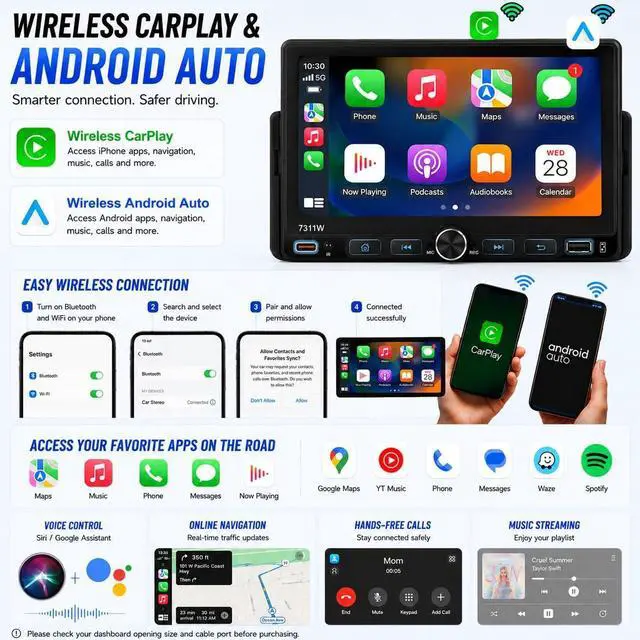 Alt view image 2 of 6 - 7" Single Din Car Stereo Radio with Wireless Apple CarPlay for Car | IPS Touchscreen,Bluetooth 5.2,Backup Camera,FM/AM/RDS,Android Auto,SWC,GPS Navigation,USB,Type-C Fast Charging,MIC
