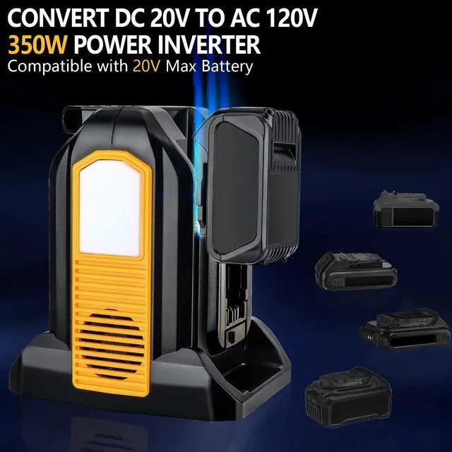 Alt view image 2 of 6 - 350W Portable Power Supply Inverter Power Adapter Compatible with Dewalt 20V Li-ion Battery, DC 20V to AC 120V Converter with AC Output, USB Port, Type-C Port, 300LM LED Light for Camping Emergency