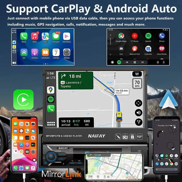 Alt view image 2 of 6 - Single Din Flip Out Screen Car Stereo with Carplay & Android Auto | 7inch Single Din Touchscreen Car Stereo with Backup Camera, Bluetooth, FM Radio/Mirror Link/USB/AUX/TF/Subwoofer