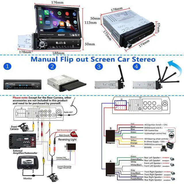 Alt view image 6 of 6 - Single Din Flip Out Screen Car Stereo with Carplay & Android Auto | 7inch Single Din Touchscreen Car Stereo with Backup Camera, Bluetooth, FM Radio/Mirror Link/USB/AUX/TF/Subwoofer