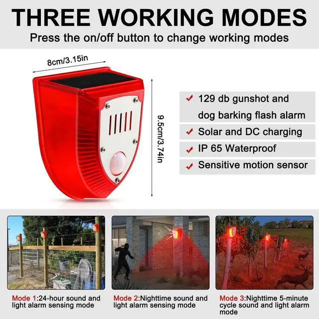 Alt view image 2 of 6 - 4 Pcs Solar Alarm Motion Detector with Sound Outdoor Motion Sensor 129db Barking Dog Strobe Light Gunshot Sound Alarm Detector Noise Maker Warning Lamp for Home Villa Yard Farm