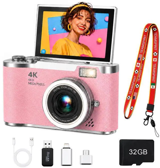 Main image of 4K Digital Camera with Flip Screen, 4800W Point and Shoot Digital Cameras for Photography, 180° Rotating Selfie Camera with 32GB SD Card,Neck Lanyard,Fill Light for Teens Kids Travel(Pink)