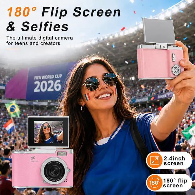 Alt view image 2 of 6 - 4K Digital Camera with Flip Screen, 4800W Point and Shoot Digital Cameras for Photography, 180° Rotating Selfie Camera with 32GB SD Card,Neck Lanyard,Fill Light for Teens Kids Travel(Pink)