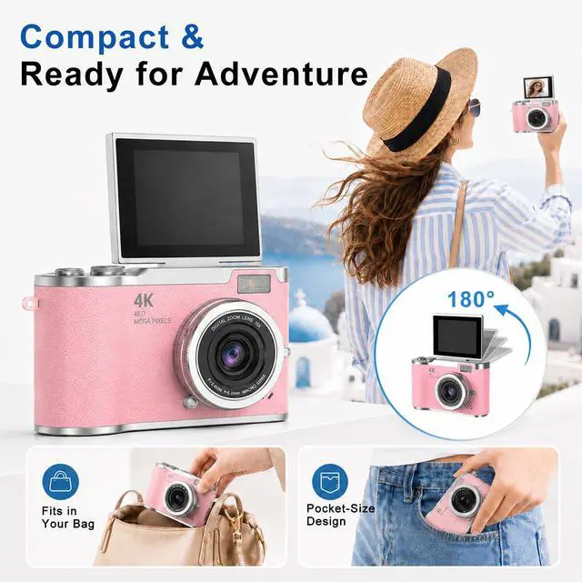 Alt view image 6 of 6 - 4K Digital Camera with Flip Screen, 4800W Point and Shoot Digital Cameras for Photography, 180° Rotating Selfie Camera with 32GB SD Card,Neck Lanyard,Fill Light for Teens Kids Travel(Pink)