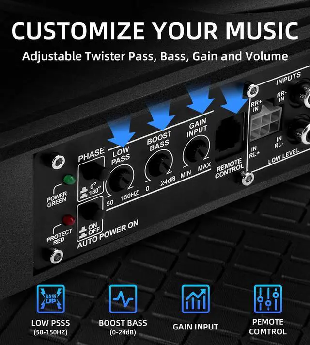 Alt view image 4 of 6 - 1600W Slim Underseat Car Subwoofer and Amp Package, Powered Car Subwoofer with Built-in Amp, Subsonic Deep Bass, RGB Beat Light, Low Pass/Gain/Bass Boost Control, Truck SUV Car Audio Subwoofer