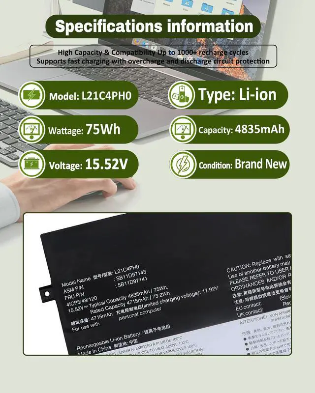 Alt view image 5 of 6 - 75Wh L21C4PH0 L21B4PH0 Battery Replacement for Lenovo IdeaPad Yoga 9-14IAP7 Type 82LU/ Yoga 9-14IRP8 Type 83B1 Series Notebook L21D4PH0 SB11D97143 SB11D97136 15.52V 4835mAh