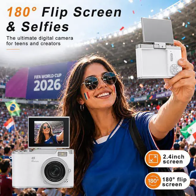 Alt view image 2 of 6 - 4K Digital Camera with Flip Screen, 4800W Point and Shoot Digital Cameras for Photography, 180° Rotating Selfie Camera with 32GB SD Card,Neck Lanyard,Fill Light for Teens Kids Travel(White)