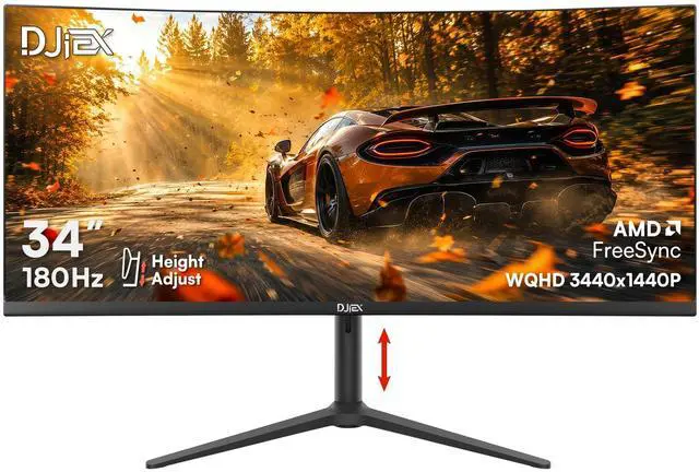 Main image of 34 Inch Ultrawide Curved Gaming Monitor, 180Hz, Height Adjustable | WQHD 3440x1440, 1500R, 4000:1, 127% sRGB, FreeSync, 16.7M, Curvature & 178° Viewing Angle, Base for Computer, Business