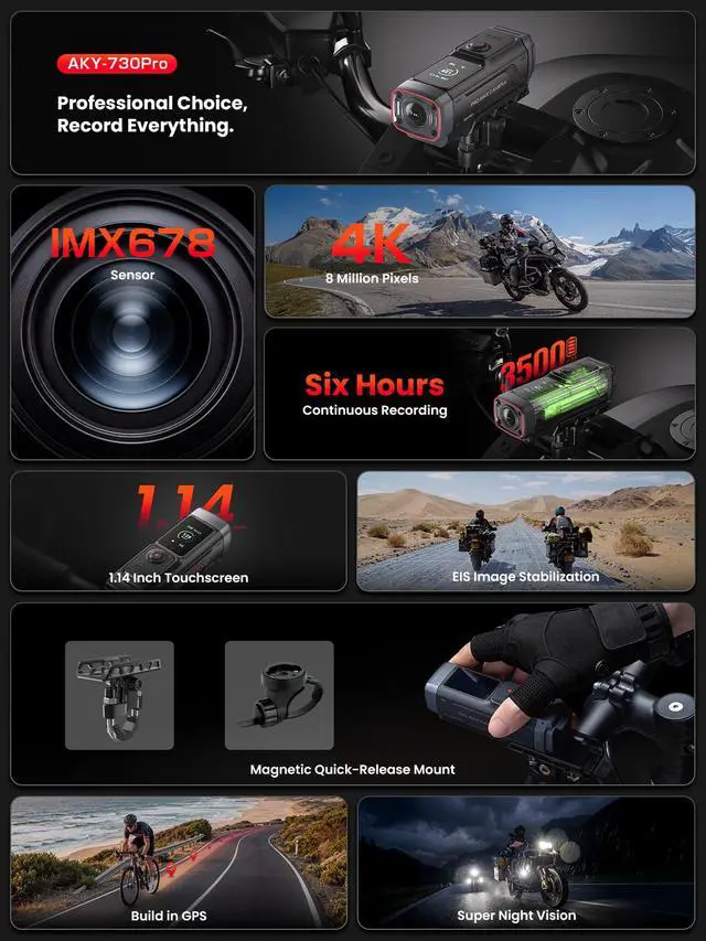 Alt view image 2 of 6 - AKY-730Pro 4K Motorcycle/Bike Dash Cam,60FPS Action Camera with EIS Stabilization,1.14" Touchscreen, Built-in GPS, IP66 Waterproof, Up to 6 Hours of Battery Life,Loop Recording,Parking Monitor