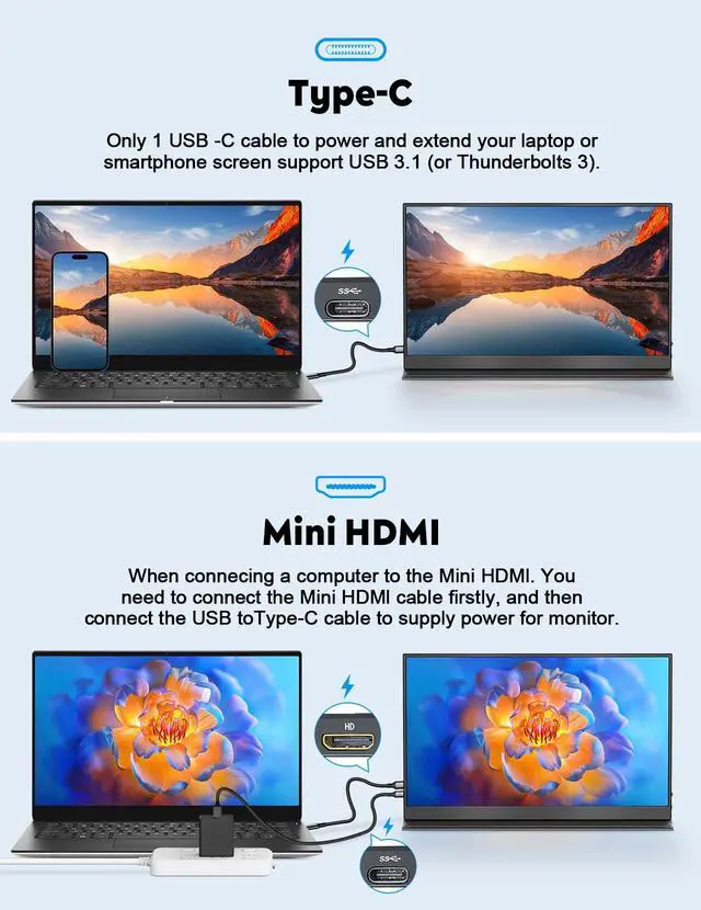 Alt view image 6 of 6 - Portable Monitor with Stand 15.6-Laptop Screen Extender 1080P FHD for USB C hdmi Portable Screen Display Vesa Compatible for Windows Mac/Android/Switch/PS5