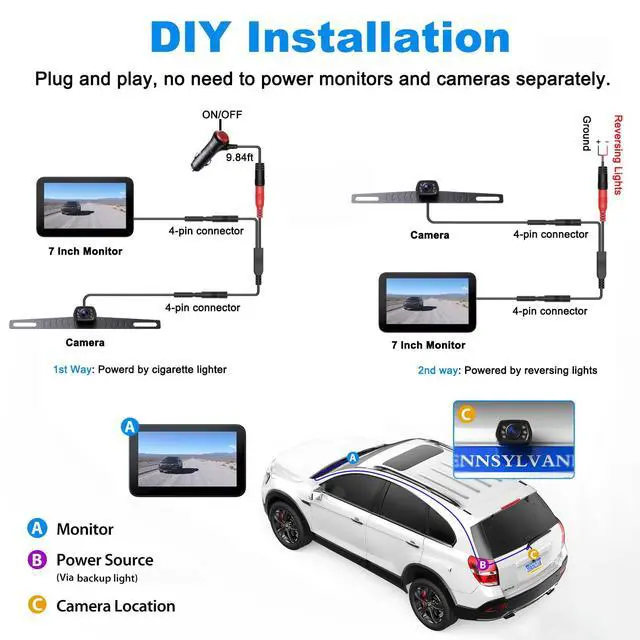 Alt view image 2 of 6 - Wired Backup Camera Kit with 7" Monitor, HD 1080P Display for Car Truck/Pickup/SUV/Van/RV, Night Vision Rear View Camera IP69 Waterproof-B7