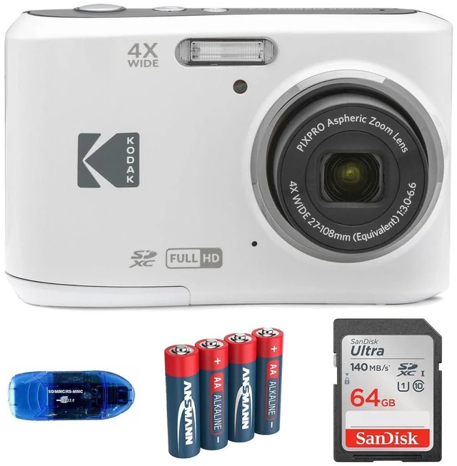 Main image of Pixpro FZ45 Digital Camera Bundle, Includes: SanDisk 64GB SDXC Memory Card, Spare Batteries and Card Reader (4 Items) (White)