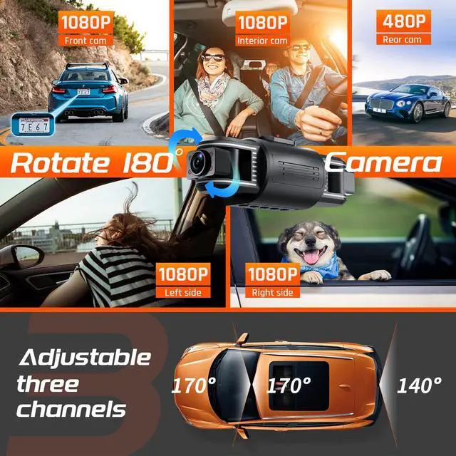 Alt view image 3 of 6 - T1-pro Dash Cam Front and Rear Inside 3 Channel 1080P, Adjustable Lens Dash Camera for Cars with 8 IR Lamps Night Vision, Three Ways Triple Car Camera, Loop Recording, G-Sensor, Parking Monitor