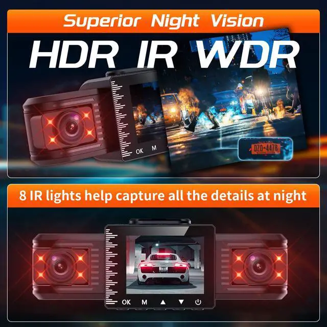 Alt view image 4 of 6 - T1-pro Dash Cam Front and Rear Inside 3 Channel 1080P, Adjustable Lens Dash Camera for Cars with 8 IR Lamps Night Vision, Three Ways Triple Car Camera, Loop Recording, G-Sensor, Parking Monitor