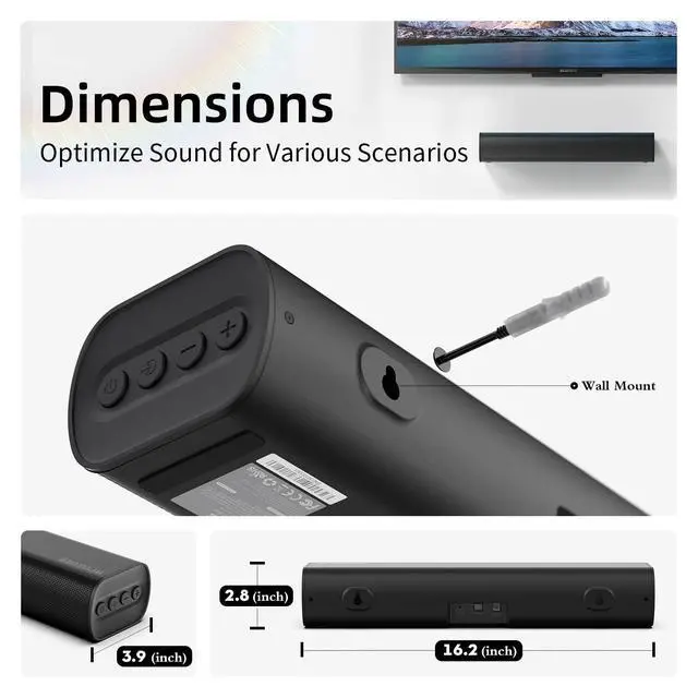 Alt view image 6 of 6 - Sound Bars for TV 16-inch, Cinematic TV Sound Bar with Impactful Bass, Bluetooth Soundbar for TV with Remote Control, Wall Mountable TV Speakers Sound Bar Work with Traditional or Smart TV