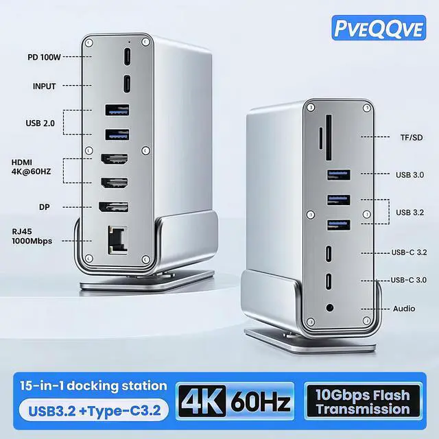 Alt view image 2 of 6 - 15-in-1 USB C Hub/Docking Station Dual Monitor 2 HDMI with Ethernet PD | 4k HD Triple Display (2x HDMI+1x DP), Gigabit Ethernet, 100W PD Charging, 20X Faster Transfer (10Gbps) with USB 3.2,TF/SD