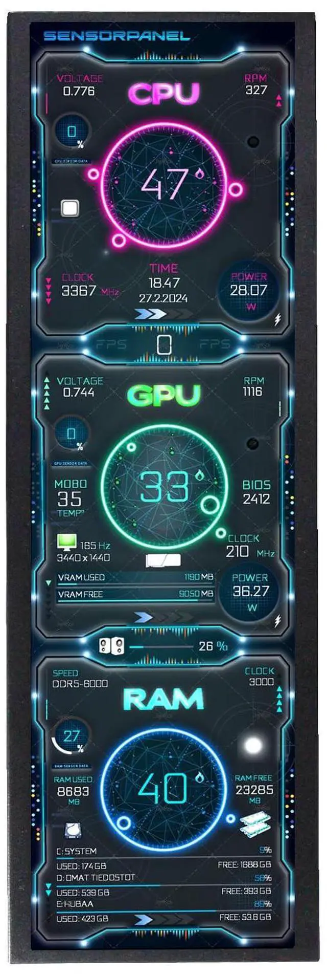Alt view image 2 of 6 - 14.5'' 2560x720 2K IPS Monitor PC Case Screen Stretched Bar LCD | for Computer PC Case GPU CPU Secondary Display,Supports Type C Video Input