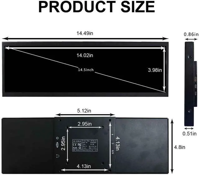 Alt view image 5 of 6 - 14.5'' 2560x720 2K IPS Monitor PC Case Screen Stretched Bar LCD | for Computer PC Case GPU CPU Secondary Display,Supports Type C Video Input