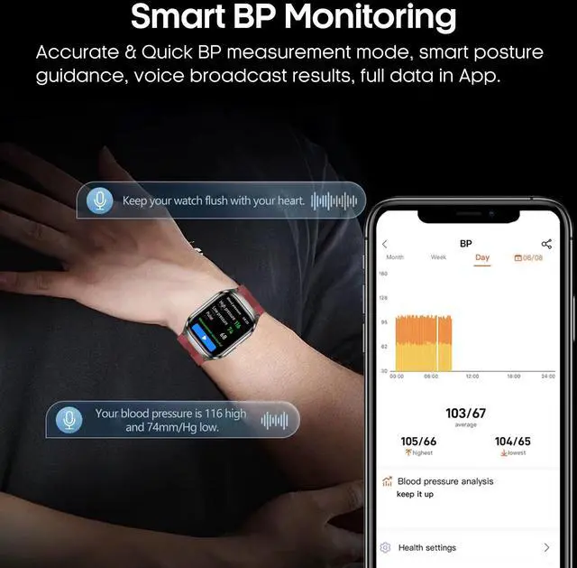 Alt view image 3 of 6 - Blood Pressure Smart Watch,2.06" AMOLED HD Large Screen,Voice Broadcast,Air Pump Air Bag,Bluetooth Call,24/7 Heart Rate Blood Oxygen Sleep Monitoring,Activiy Tracker,SOS