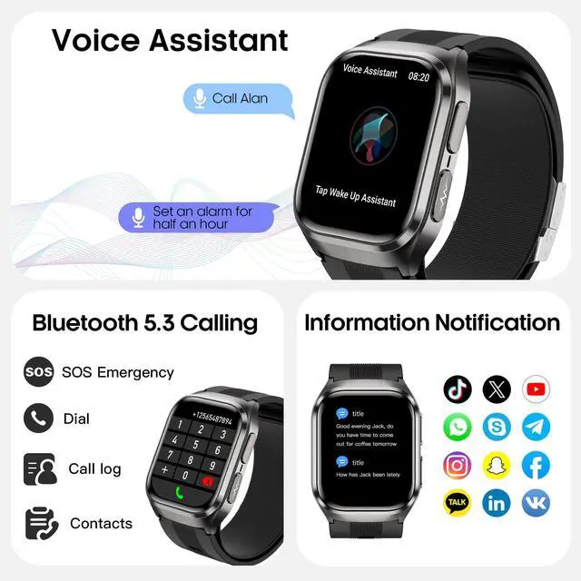 Alt view image 5 of 6 - Blood Pressure Smart Watch,2.06" AMOLED HD Large Screen,Voice Broadcast,Air Pump Air Bag,Bluetooth Call,24/7 Heart Rate Blood Oxygen Sleep Monitoring,Activiy Tracker,SOS