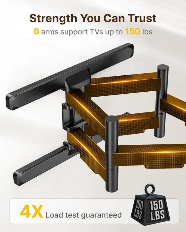 Alt view image 3 of 6 - Full Motion Dual Arm TV Wall Mount for 43-90 Inch TVs | TV mount bracket holds 150 lbs, Max VESA 800x400mm, fits 16/18 in wood studs, extends 22 in, tool-free tilt/swivel/level