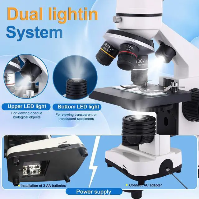 Alt view image 5 of 6 - Microscope for Kids & Adults, 40X-2500X High-Power Compound Microscope for Students, School Lab & Home Schooling,Features Prepared Slides & Phone Holder