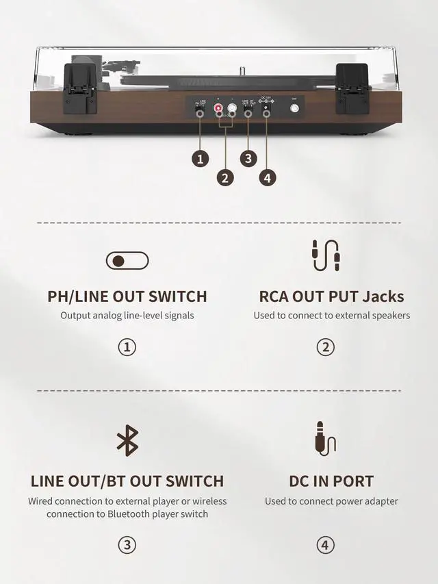 Alt view image 5 of 6 - Vinyl Record Player Belt Drive 2-Speed Playback Turntable Bluetooth Wireless Output Connectivity Record Player with Magnetic Cartridge Built-in Phono Pre-amp