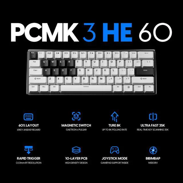 Alt view image 2 of 6 - PCMK3HE Gaming Keyboard, 60%, ANSI, White | Compact 60% Hall Effect gaming keyboard designed for fast response, precise control, and competitive gameplay