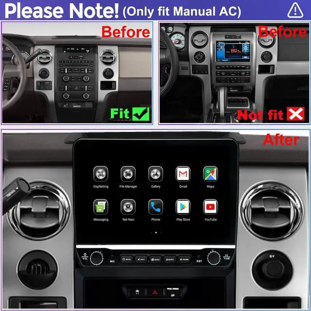 Alt view image 2 of 6 - for Ford F150 Radio Upgrade 2009 2010 2011 2012,QLED Touch Screen Stereo,8 Core CPU,Carplay Android Auto Ready,Keep OEM Steering Wheel Control,Back Camera Included,Only fit Manual AC