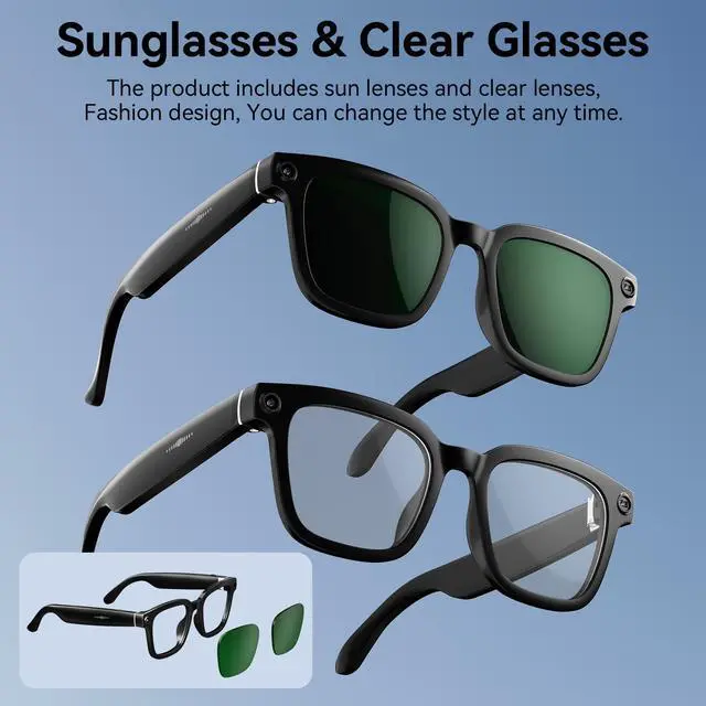 Alt view image 5 of 6 - Smart Glasses with Camera, 1080P Video Recording Glasses for Life | 165 Languages Real Time Translation, AI Voice Assistant, Open-Ear Audio,Sunglasses with Color-Changing Clear&Green Lenses