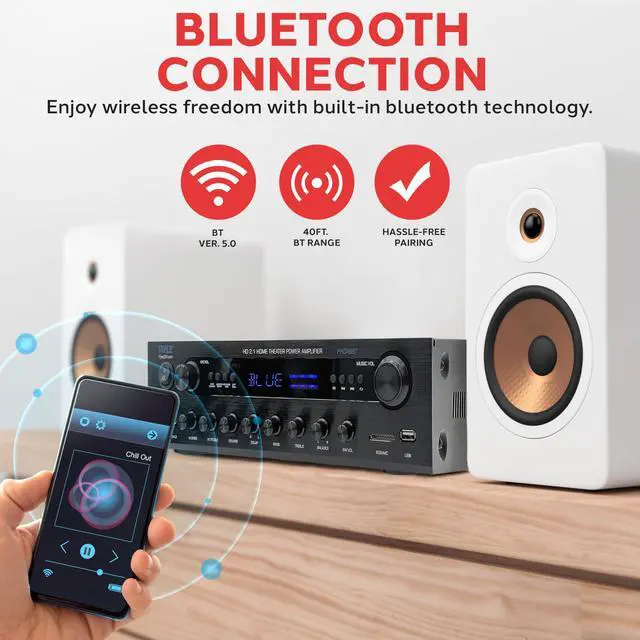 Alt view image 4 of 6 - 400w Home Entertainment Amplifier with Bluetooth - Karaoke Optimized with Dual Mic Inputs with Reverb and Delay, Hi Def in and Out for Home Theater, USB-A Input, SD Card, FM Radio - PHDA6BT