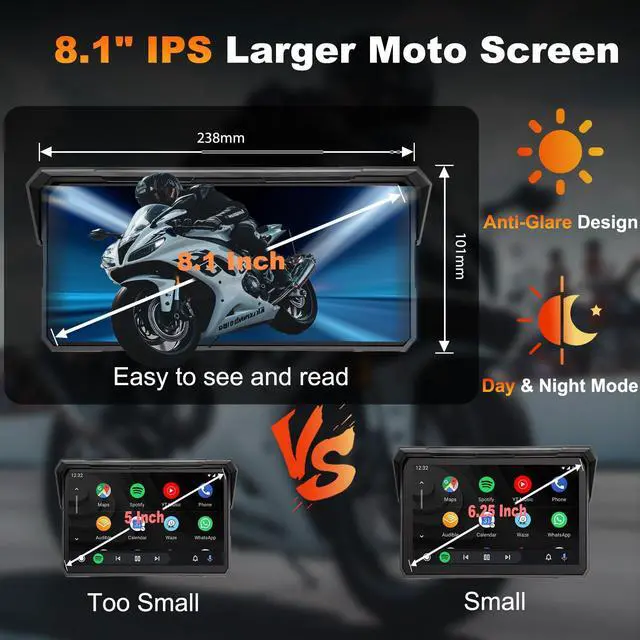 Alt view image 4 of 6 - 8.1 Inch Motorcycle CarPlay Screen Android Auto Largest Waterproof GPS Navigation System Pantalla para Moto, Carplay for Motorcycle with Dual 4K Dash Cam Bluetooth Audio