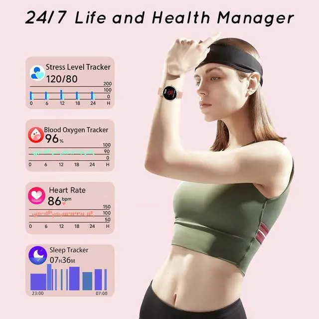 Alt view image 2 of 6 - Smart Watch for Women 1.19 Small Screen AMOLED 2000 Nit-3 Band Rose Gold | Compatible iPhone & Android with Bluetooth Call/Heart Rate/SpO2/Sleep Monitor, 120+ Sports Modes Waterproof Fitness Tracker
