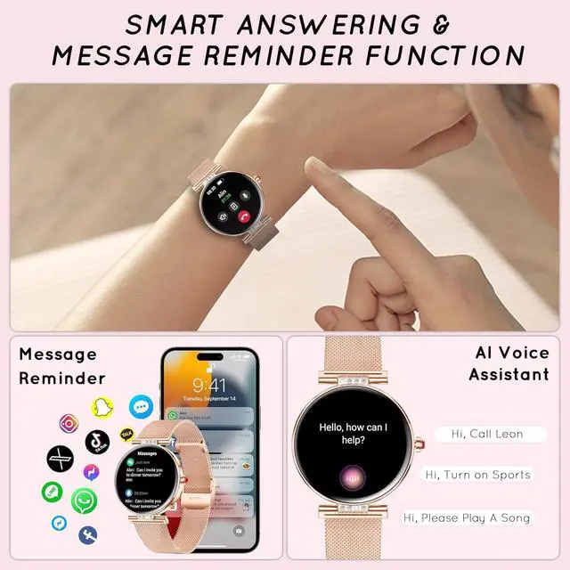 Alt view image 4 of 6 - Smart Watch for Women 1.19 Small Screen AMOLED 2000 Nit-3 Band Rose Gold | Compatible iPhone & Android with Bluetooth Call/Heart Rate/SpO2/Sleep Monitor, 120+ Sports Modes Waterproof Fitness Tracker