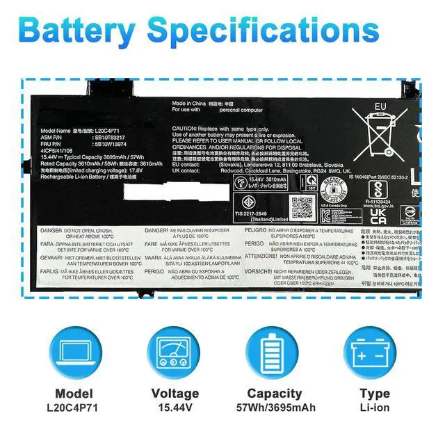 Alt view image 2 of 6 - L20C4P71 L20M4P71 Battery for Lenovo ThinkPad X1 Carbon 9th 10th 11th Gen | X1 Yoga 6th 7th 8th Gen 2021 Series SB10T83216 SB10T83217 5B10W13974 5B10W13975 L20L4P71 L20D4P71 15.44V 57Wh 3695mAh