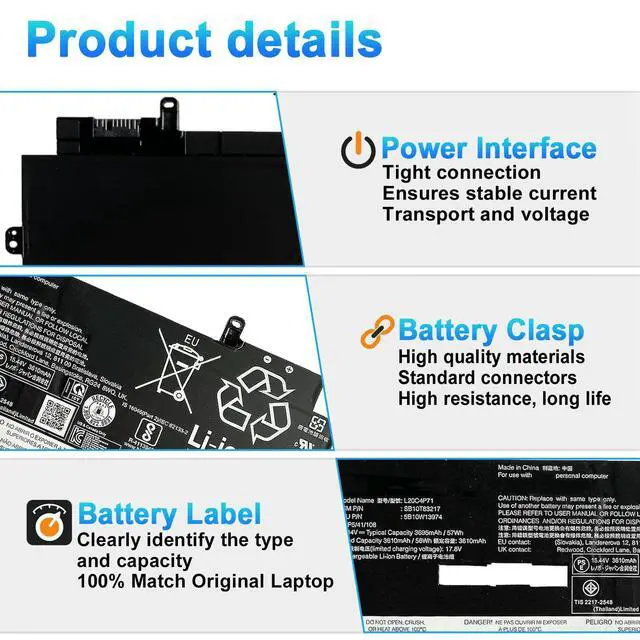 Alt view image 3 of 6 - L20C4P71 L20M4P71 Battery for Lenovo ThinkPad X1 Carbon 9th 10th 11th Gen | X1 Yoga 6th 7th 8th Gen 2021 Series SB10T83216 SB10T83217 5B10W13974 5B10W13975 L20L4P71 L20D4P71 15.44V 57Wh 3695mAh