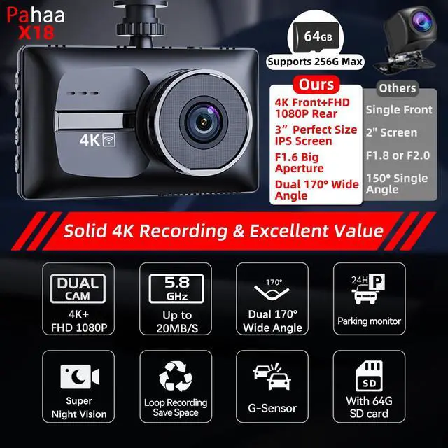 Alt view image 2 of 6 - X18 4K Dash Cam Front and Rear, 4K+1080P Dual STARVIS 2 Dash Camera for Cars, Free 64GB Card (256GB Max), 5.8GHz WiFi Up to 20MB/s, WDR Night Vision, 3" IPS, G-Sensor, 24H Parking Mode
