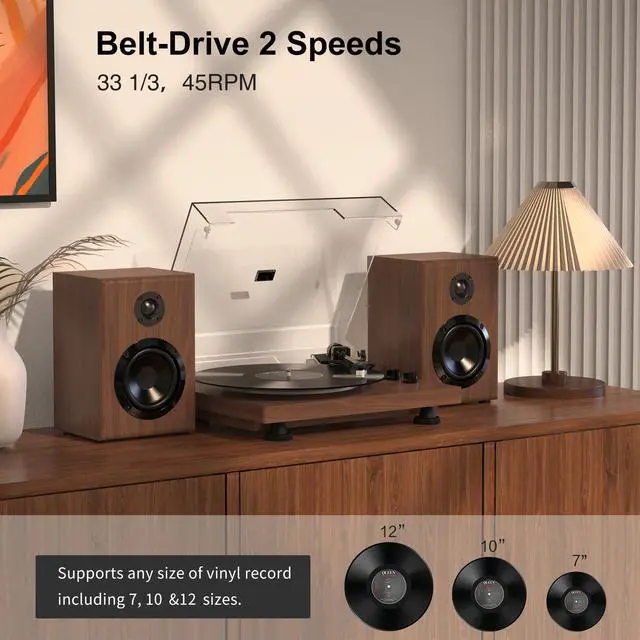 Alt view image 3 of 6 - Vinyl Record Player with 24W Bookshelf Speakers, HiFi System Turntable for Viny Records, Vintage Vinyl Player with Magnetic Cartridge, BT in&Out, RCA Out, Auto Stop, 33/45RPM (Brown)
