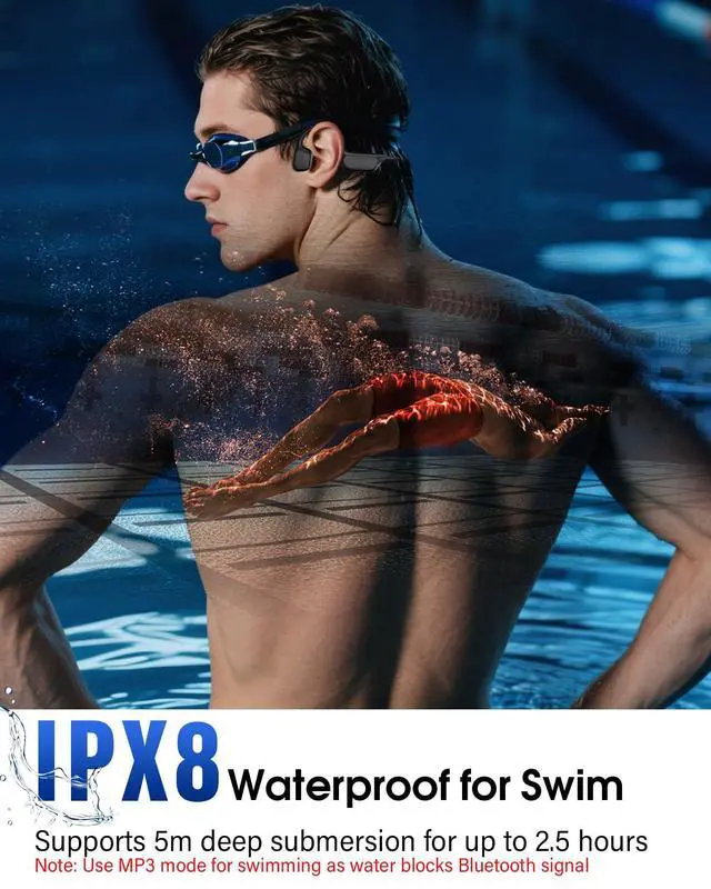 Alt view image 6 of 6 - Bone Conduction Headphones, Swimming Headphones, Open Ear Headphones, Black | IPX8 Waterproof MP3 Mode 8GB Memory Up to 12 Hours Playtime, Bluetooth 6.0 Earbuds Secure Fit for Running and Fitness