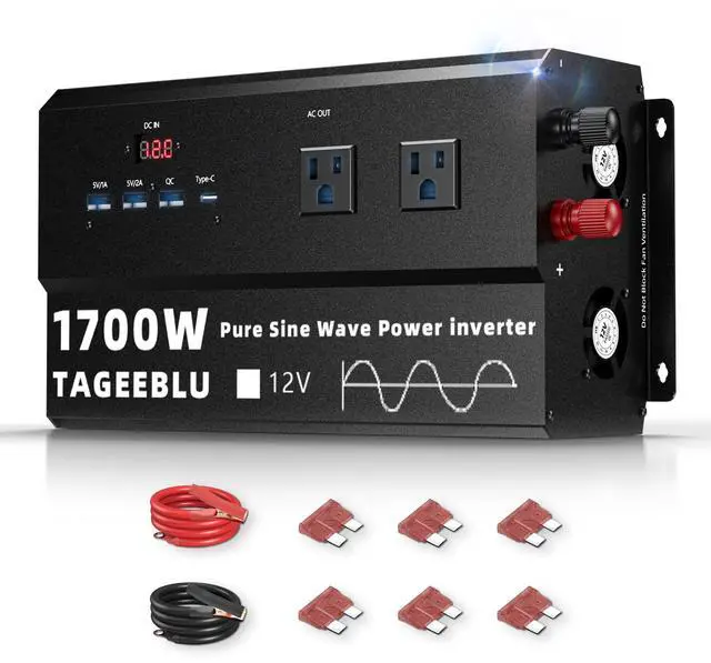 Main image of 1700W Pure Sine Wave Power Inverter 12V DC to 110V 120V AC for Solar, Truck | Inverter for Car with 4 AC Outlets & 4 USB (30W QC & PD), LCD Display, 3400W Peak, Car Converter for RV Home Off-Grid Camp