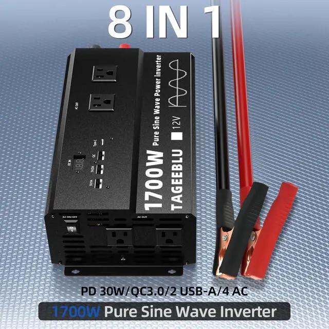 Alt view image 2 of 6 - 1700W Pure Sine Wave Power Inverter 12V DC to 110V 120V AC for Solar, Truck | Inverter for Car with 4 AC Outlets & 4 USB (30W QC & PD), LCD Display, 3400W Peak, Car Converter for RV Home Off-Grid Camp