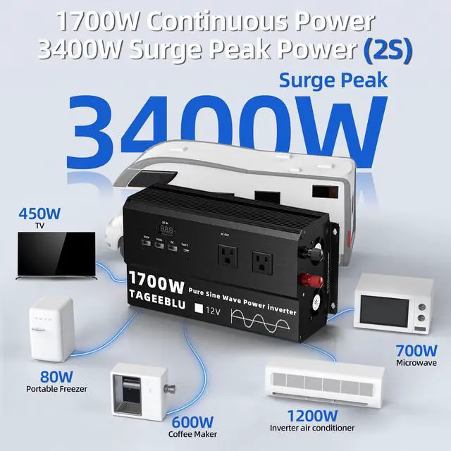Alt view image 3 of 6 - 1700W Pure Sine Wave Power Inverter 12V DC to 110V 120V AC for Solar, Truck | Inverter for Car with 4 AC Outlets & 4 USB (30W QC & PD), LCD Display, 3400W Peak, Car Converter for RV Home Off-Grid Camp