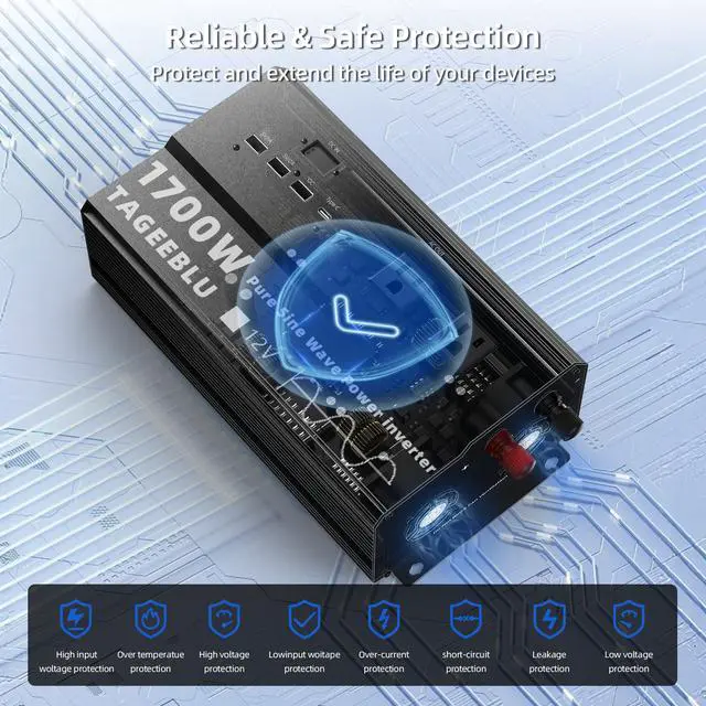 Alt view image 6 of 6 - 1700W Pure Sine Wave Power Inverter 12V DC to 110V 120V AC for Solar, Truck | Inverter for Car with 4 AC Outlets & 4 USB (30W QC & PD), LCD Display, 3400W Peak, Car Converter for RV Home Off-Grid Camp