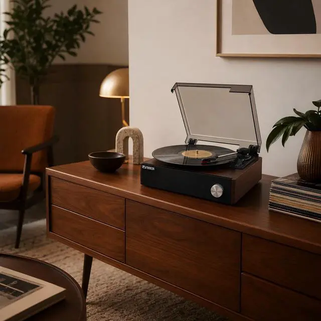 Alt view image 5 of 6 - Record Player with Built-in Speakers, Bluetooth Turntable | 3-Speed Retro Vintage Record Player with Auto-Stop, RCA Output, Stable TonearmHome Audio&Gift for Music Lovers