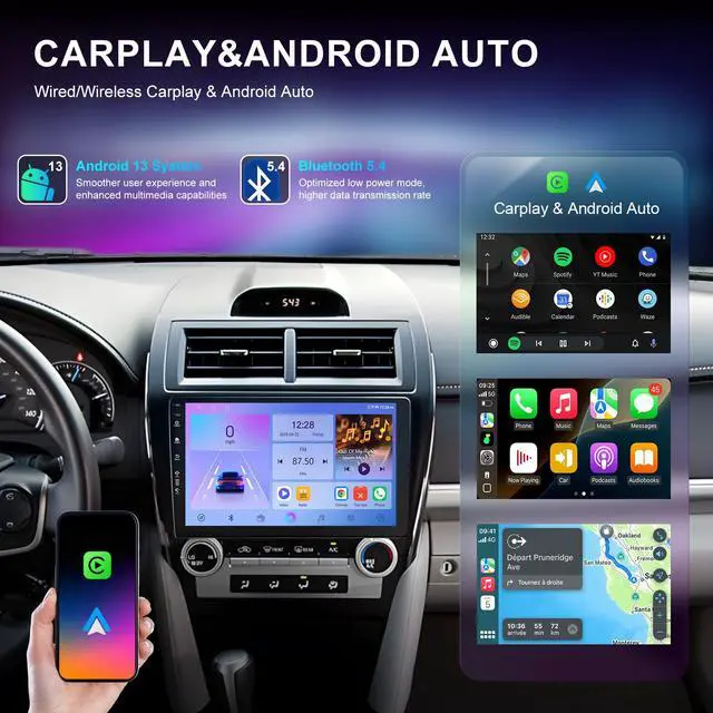 Alt view image 3 of 6 - Car Radio Stereo for Toyota Camry 2012-2014,10" Android 13 Touchscreen Head Unit,Wireless CarPlay & Android Auto,GPS Navigation,HD Backup Camera,Mirror Link,WiFi 6,Bluetooth 5.4,FM,SWC