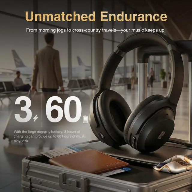 Alt view image 5 of 5 - Active Noise Cancelling Headphones, Wireless Over-Ear Bluetooth Headphones ANC, Hi-Res Audio, 60H Playtime, Deep Bass, 3.5MM Cable, Memory Foam Ear Cups for Work/Travel/Home/Office | cVc 8.0 Noise Can