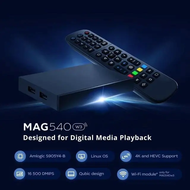 Alt view image 2 of 6 - MAG540w3 Set-Top Box 4K HDR Streaming Media Player, 4K HDR Output, Amlogic S905Y4, Dual-Band Wi-Fi, Linux 4.9, HDMI Cable, Remote - Hardware Device Only
