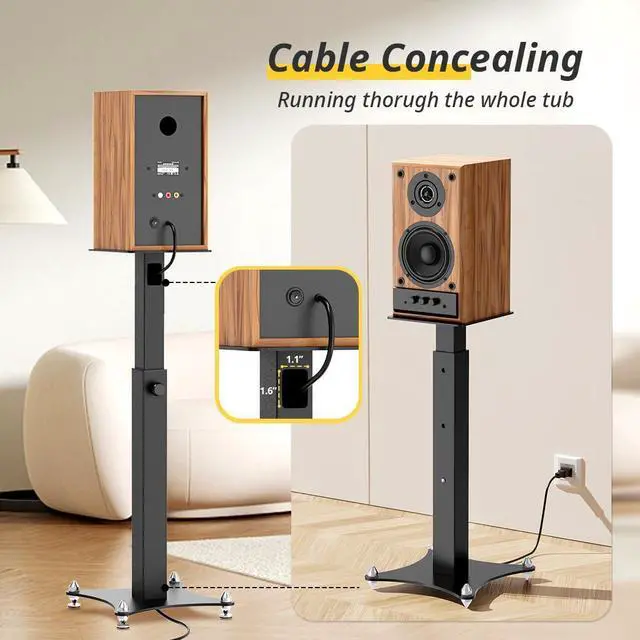 Alt view image 3 of 6 - Adjustable Bookshelf Speaker Stands Pair, 20-27.5 Inch All-Metal Heavy Duty Holds 100lbs Universal for Surround Sound with Cable Management