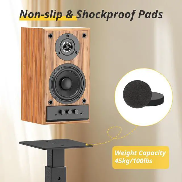 Alt view image 6 of 6 - Adjustable Bookshelf Speaker Stands Pair, 20-27.5 Inch All-Metal Heavy Duty Holds 100lbs Universal for Surround Sound with Cable Management